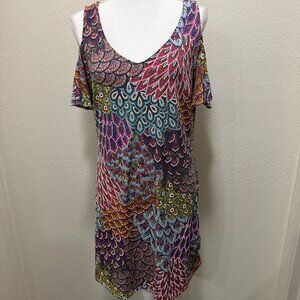 MSK petite multi color sleeveless dress, cold shoulder flutter sleeve, size L